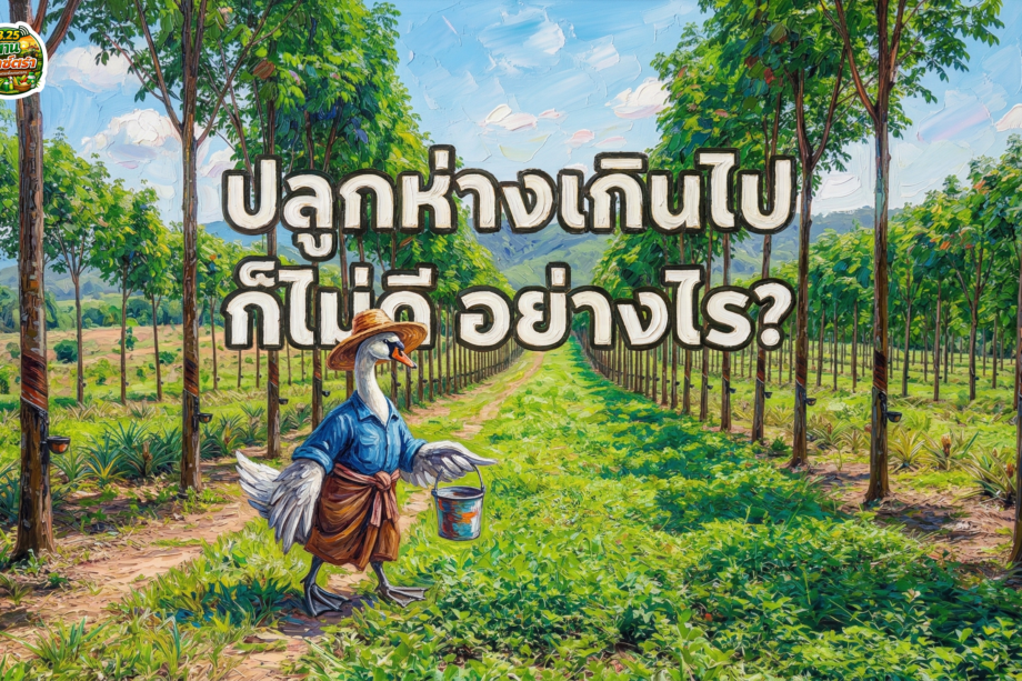 ภาพวาดสีน้ำมันสไตล์อิมเพรสชันนิสต์ มีร่องรอยการปาดเกรียงและแปรงอย่างชัดเจน แสดงทิวทัศน์สวนยางพาราที่มีต้นยางปลูกเป็นแถวยาวขนานกันเป็นระเบียบสุดสายตา ภายใต้ท้องฟ้าสดใส โดยมี "หงส์" ยืนเด่นเป็นสง่าอยู่ตรงกลางหันหน้ามาทางขวา สวมหมวกสานและเสื้อเชิ้ตสีน้ำเงินแบบชาวสวนยาง ในมือถือถังน้ำยาง เดินดูแลสวนด้วยความเอาใจใส่ ด้านบนของภาพมีข้อความภาษาไทยขนาดใหญ่เขียนว่า "ปลูกห่างเกินไป ก็ไม่ดี อย่างไร?" แสดงให้เห็นถึงประเด็นปัญหาสำคัญในการปลูกยางพาราที่มีระยะห่างมากเกินไป