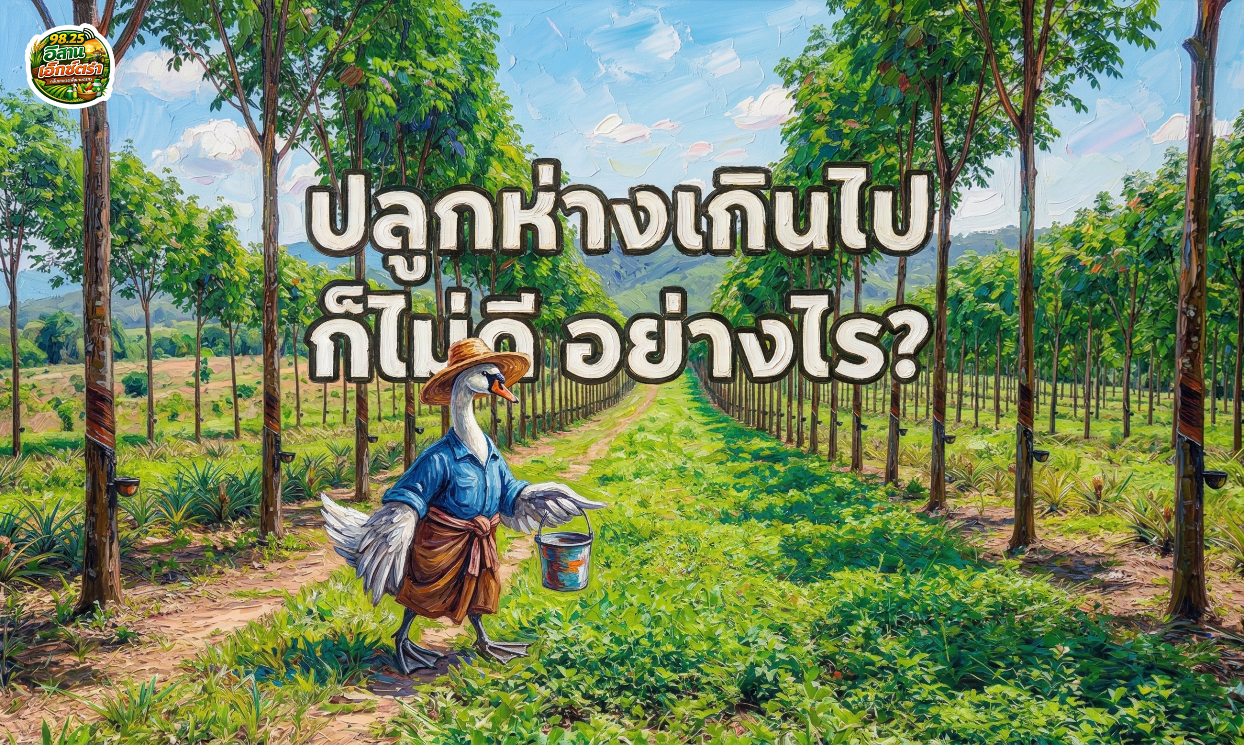 ภาพวาดสีน้ำมันสไตล์อิมเพรสชันนิสต์ มีร่องรอยการปาดเกรียงและแปรงอย่างชัดเจน แสดงทิวทัศน์สวนยางพาราที่มีต้นยางปลูกเป็นแถวยาวขนานกันเป็นระเบียบสุดสายตา ภายใต้ท้องฟ้าสดใส โดยมี "หงส์" ยืนเด่นเป็นสง่าอยู่ตรงกลางหันหน้ามาทางขวา สวมหมวกสานและเสื้อเชิ้ตสีน้ำเงินแบบชาวสวนยาง ในมือถือถังน้ำยาง เดินดูแลสวนด้วยความเอาใจใส่ ด้านบนของภาพมีข้อความภาษาไทยขนาดใหญ่เขียนว่า "ปลูกห่างเกินไป ก็ไม่ดี อย่างไร?" แสดงให้เห็นถึงประเด็นปัญหาสำคัญในการปลูกยางพาราที่มีระยะห่างมากเกินไป